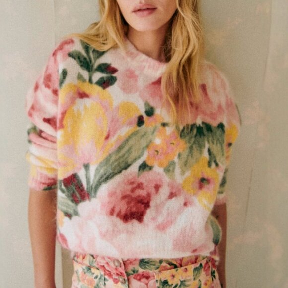BEST Sezane Clarissa Jumper - London Bouquet Sweater Floral French Knit Causal - Picture 2 of 10